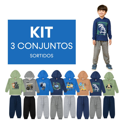 Kit Conjuntos Roupa Infantil Inverno Sortido Menino Blusa Moletom com Capuz + Calça
